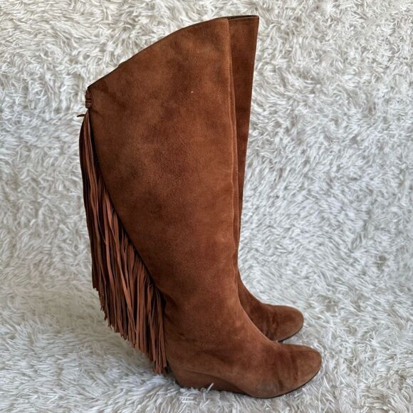 Christian Louboutin Cognac Brown Suede Wedge Boots with Fringe Size 37.5 - Picture 6 of 11